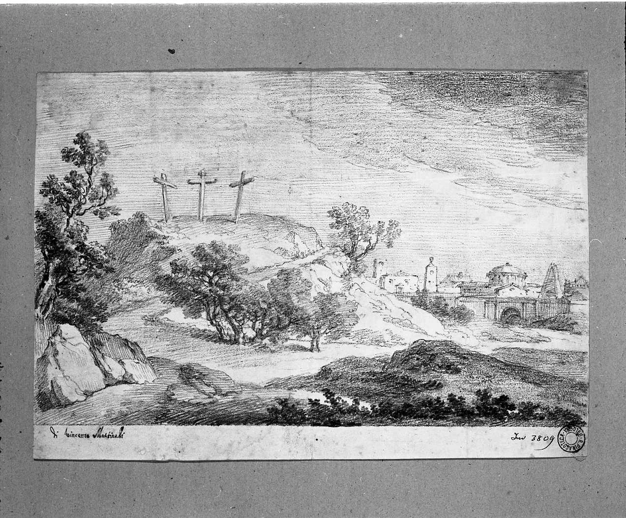 Vincenzo Martinelli-paesaggio con tre croci sulla collina - Pinacoteca Nazionale di Bologna, Gabinetto dei Disegni e delle Stampe 